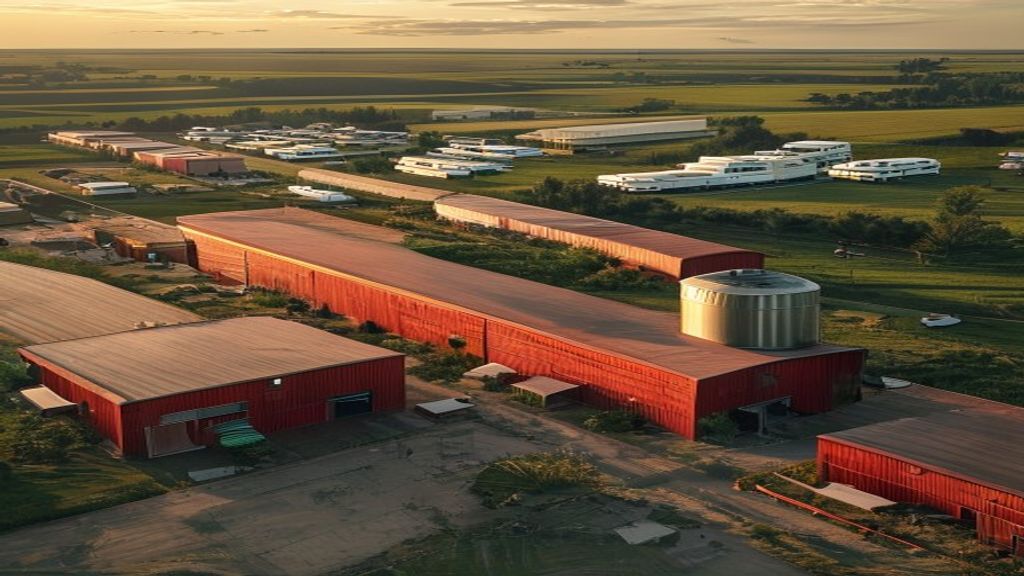 Aerial view of the red storage buildings, silo, and outdoor RV and boat lot at golden hour.