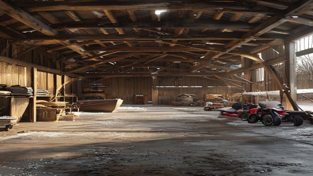 The interior of a storage barn on the property, with room for snowmobiles and seasonal gear.