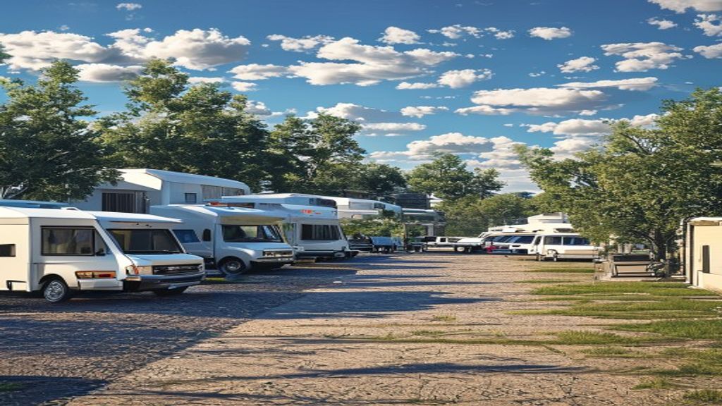 RVs and boats parked in the open outdoor storage lot.