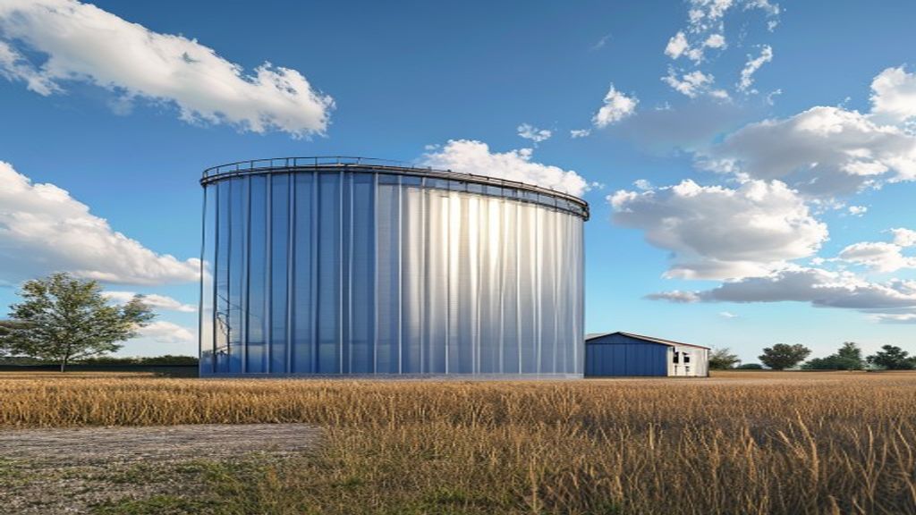 The insulated metal silo used for temperature-controlled storage on the property.