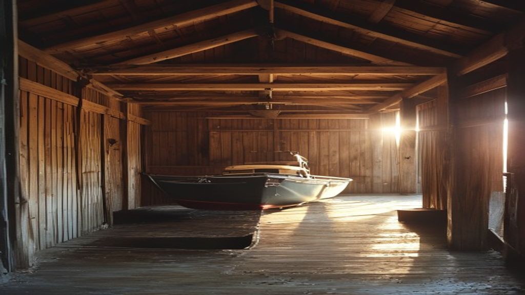 A boat on a trailer stored inside a clean barn.