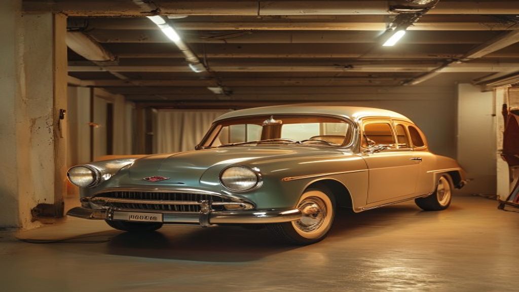 A classic car under a cover in clean indoor storage.