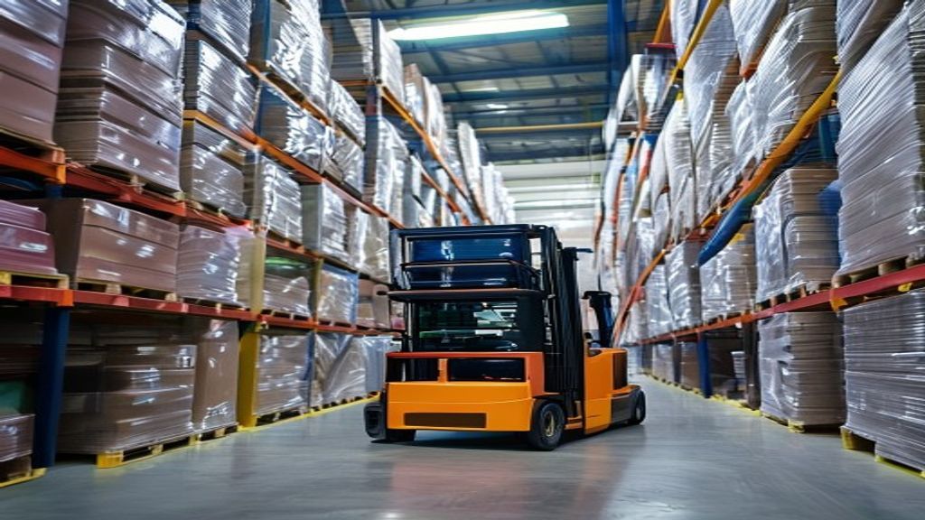 Palletized commercial inventory in a clean warehouse.