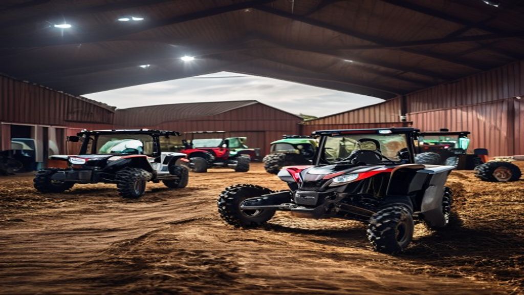 ATVs and tractors parked inside a large storage barn.