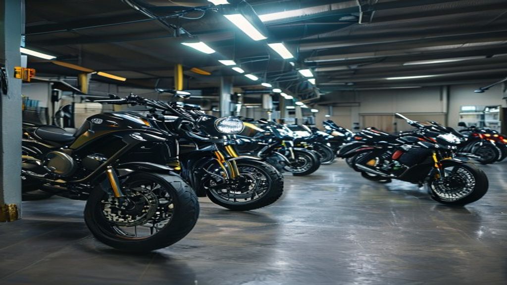 Motorcycles parked in a row in secure indoor storage.