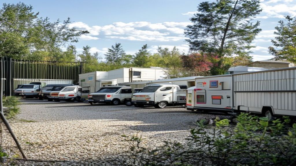 RVs and boats parked in an open outdoor storage lot.