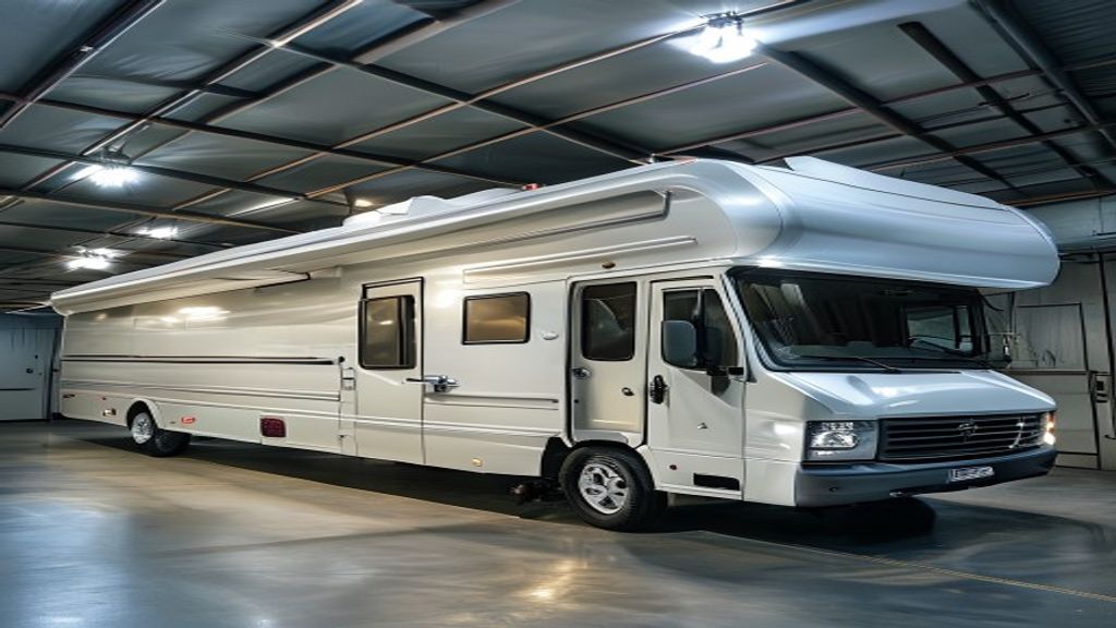 A large RV motorhome parked in covered indoor storage.