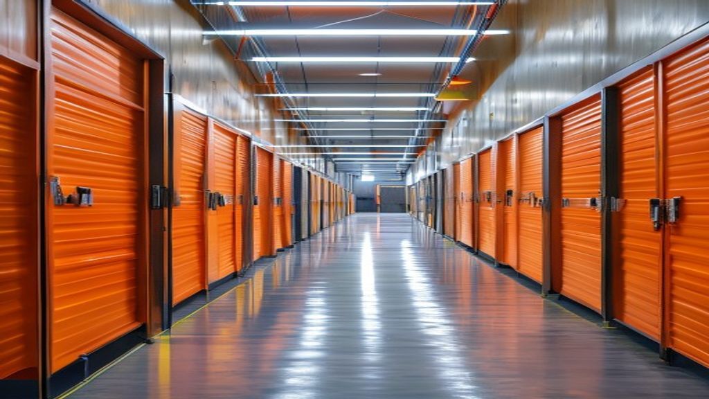 A row of red metal self-storage units with roll-up doors.