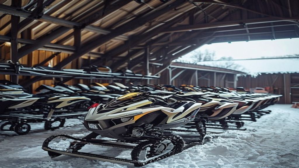 Snowmobiles stored on racks inside a barn for winter.