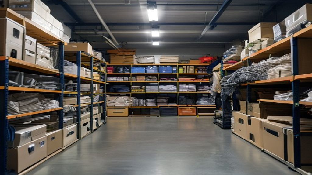 A climate-controlled storage room with shelving and seasonal gear.